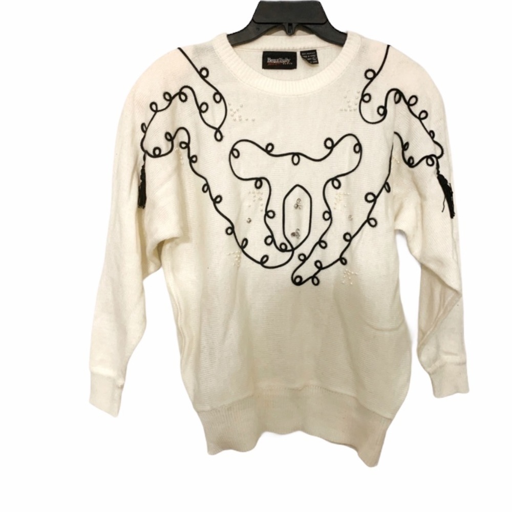 Vintage Beautifully Mine Beaded Pearl Tassel Off White Sweater Size Medium